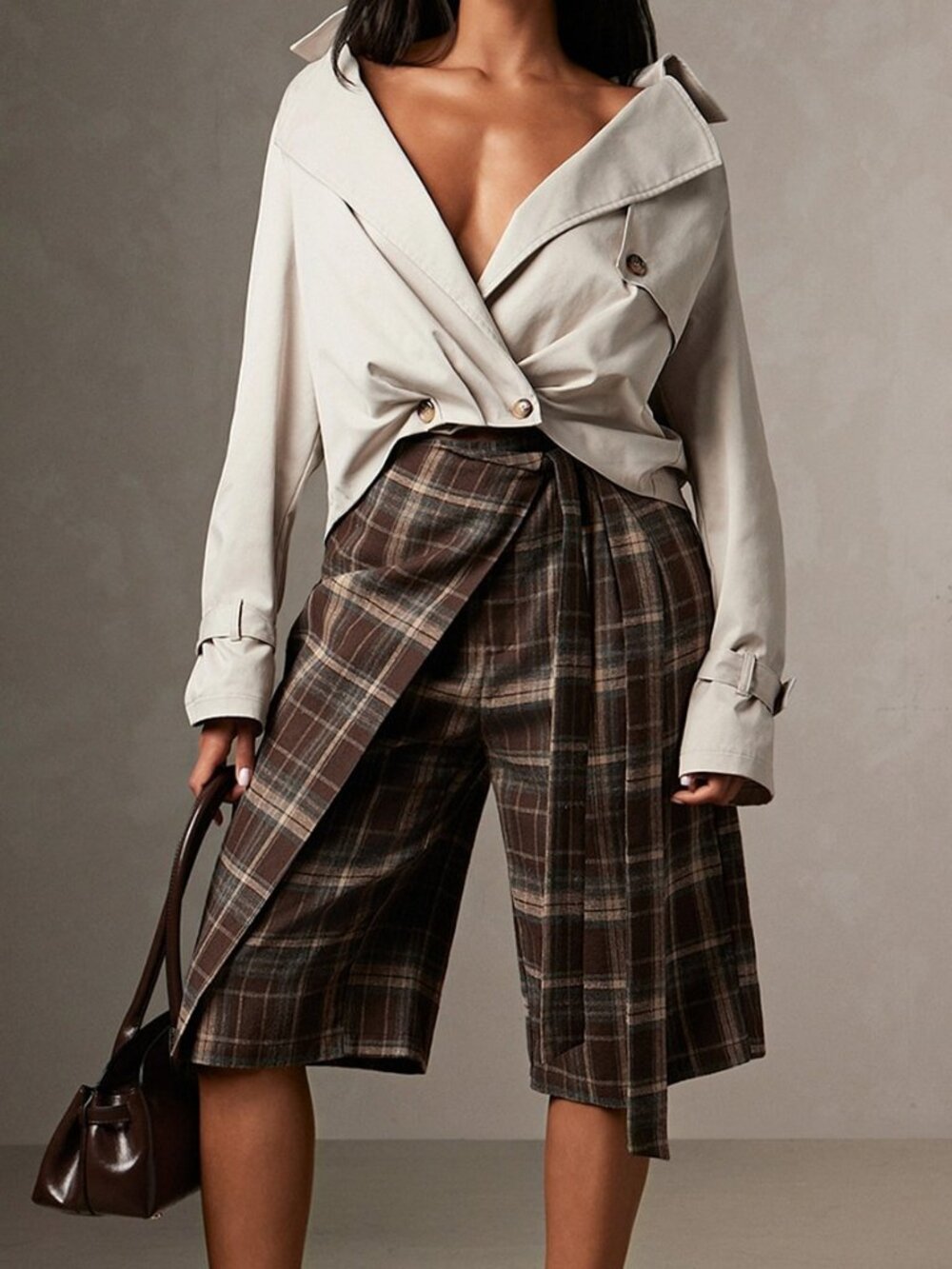 Brown & Tan Plaid Women's Wrap Wide Leg Bermuda Shorts
